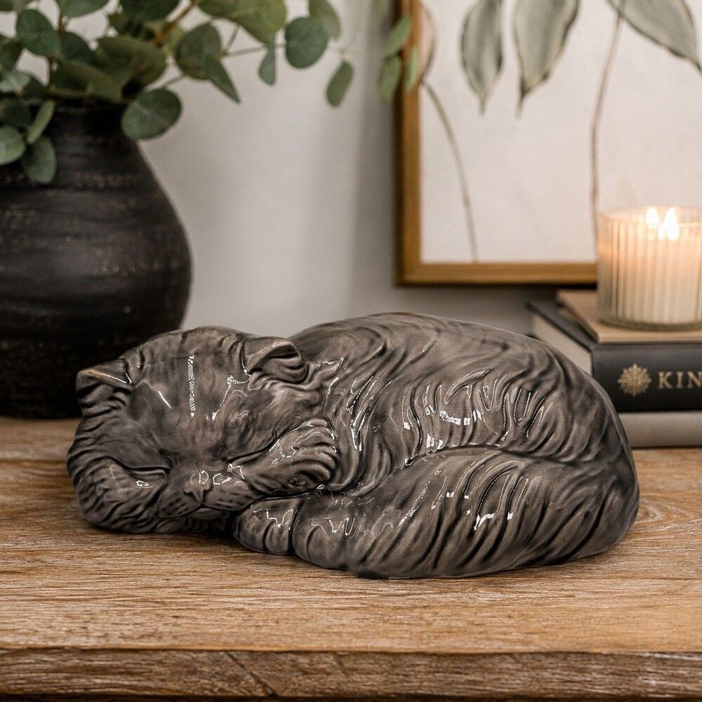 Vintage Gray Sleeping Persian Cat Ceramic Figurine 11” Large Hand Painted Glazed
